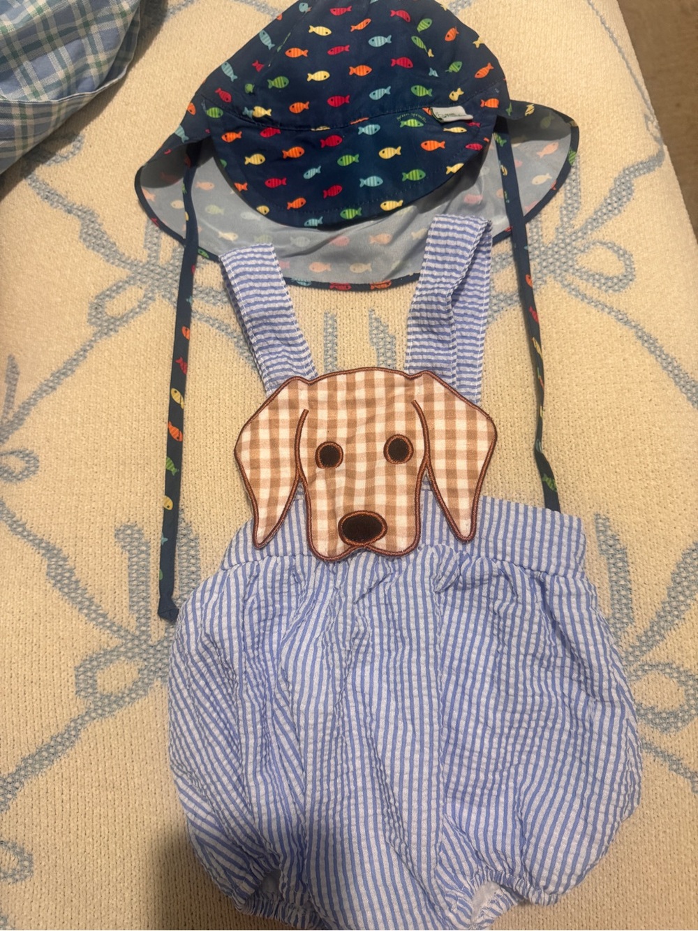 Blue Seersucker Baby Romper with Puppy Applique